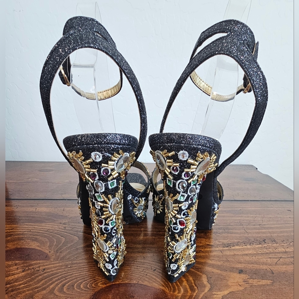 GB Women's Black Glitter Heels w/ Gold Multi Embellishments  Sz 8 & 9M - Picture 5 of 7